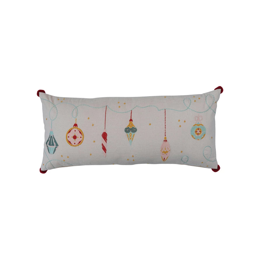 Cotton Slub Printed Lumbar Pillow w/ Ornaments, Embroidery & Pom Poms, Multi Color