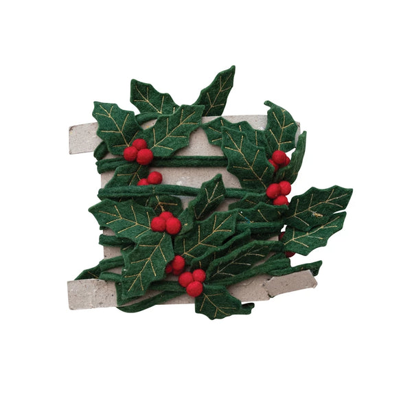Handmade Wool Felt Holly Leaves & Berries Wired Garland w/ Gold Embroidery, Green & Red