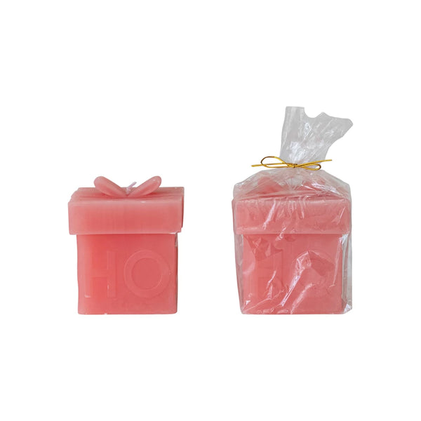 Unscented Gift Box Shaped Candle "Ho Ho Ho", Pink