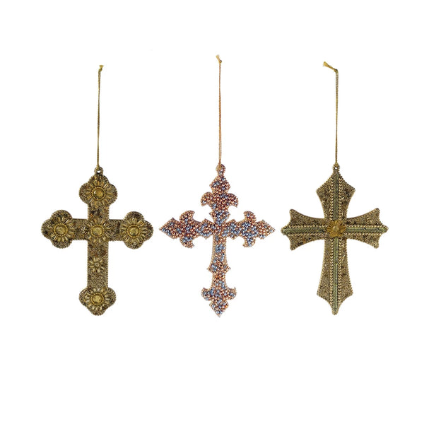Handmade Acrylic Bead Cross Ornament w/ Glitter & Jewels, 3 Styles