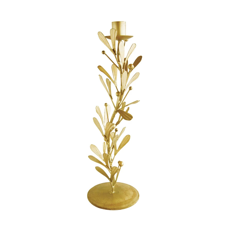 Metal Taper Holder w/ Leaves & Berries, Distressed Pewter Finish