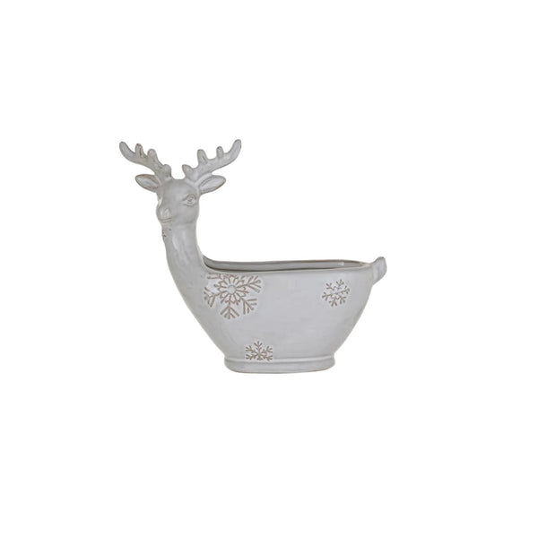 Stoneware Deer Shaped Bowl w/ Snowflakes