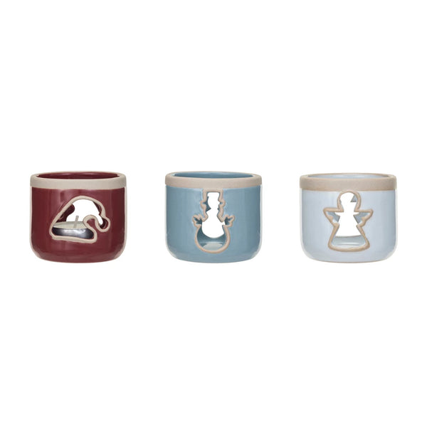Stoneware Tealight Holder w/ Cut-Out, 3 Colors, 3 Styles