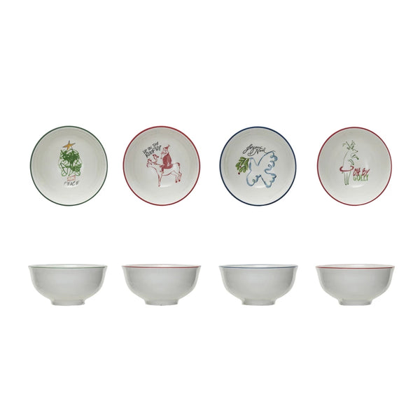 Stoneware Bowl w/ Holiday Image, Saying & Colored Rim