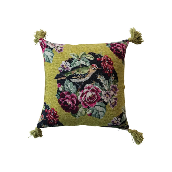 20" Square Woven Linen Blend Pillow w/ Bird, Flowers & Tassels, Multi Color
