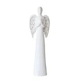 Hand-Painted Carved Mango Wood Angel, Distressed Finish, White