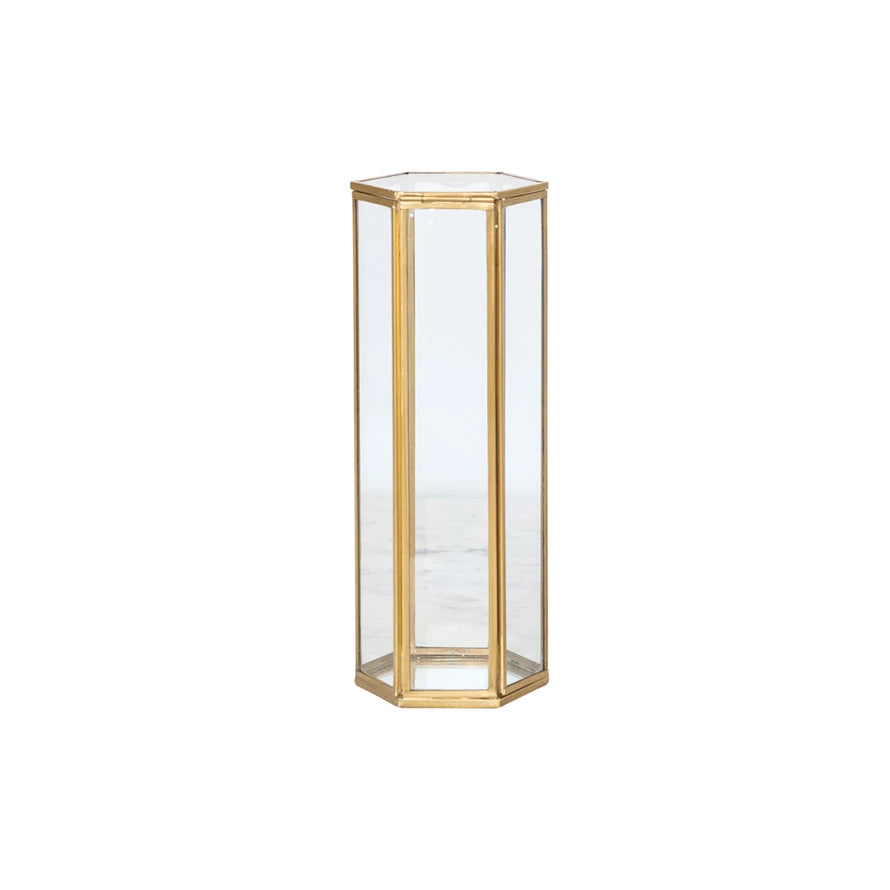 Glass & Brass Hexagonal Container with Mirrored Bottom & Lid
