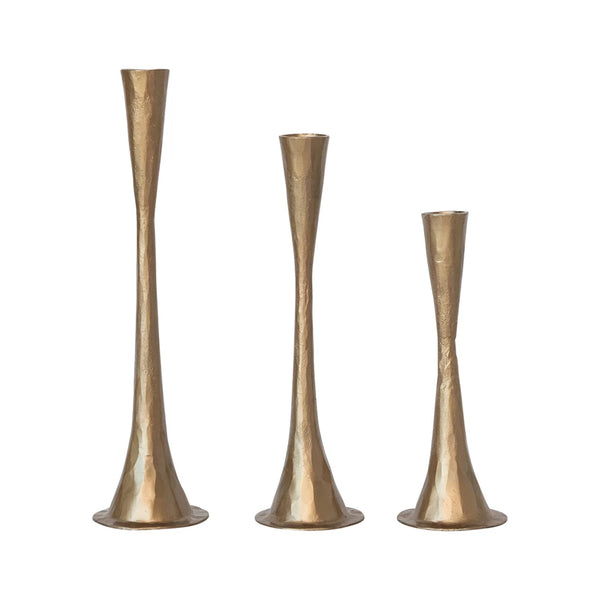 Small Hand-Forged Cast Iron Taper Holders, Antique Brass Finish, Set of 3