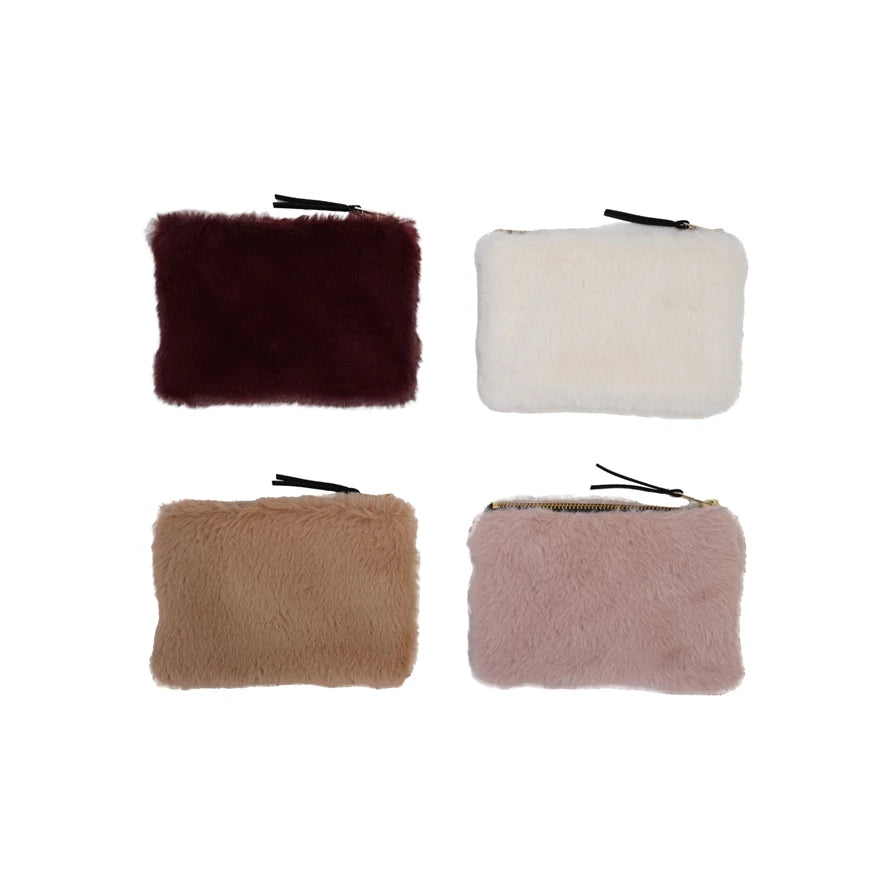 Faux Fur Fabric Zip Pouch with Interior Lining, 4 Colors