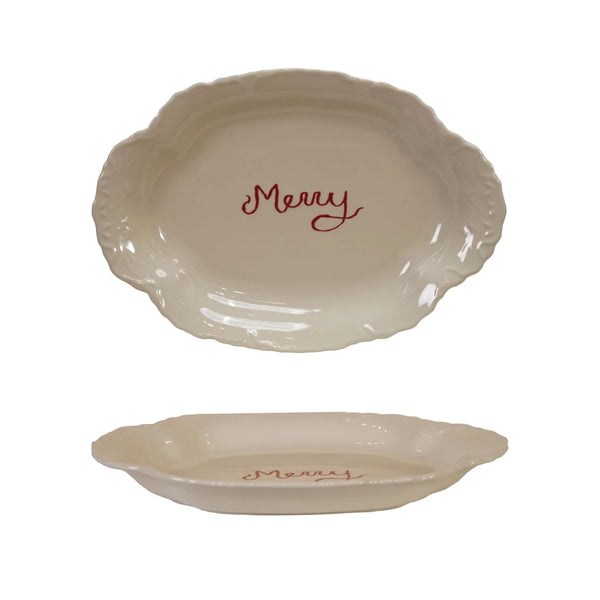 Stoneware Scalloped Platter with Embossed Edge "Merry" SKU#XS8491 In Stock