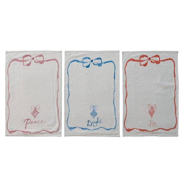 Cotton Printed Tea Towel with Bow, Ornament & Word