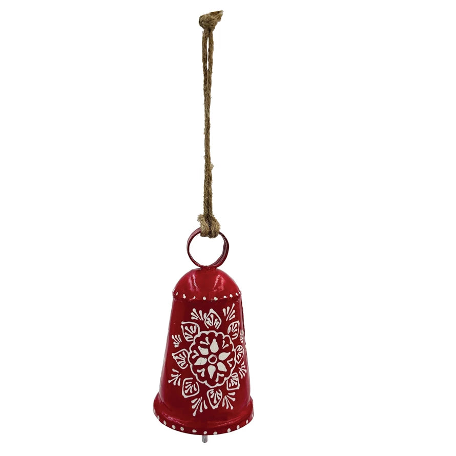 "H Hand-Painted Metal Bell Ornament with Design, Red & White