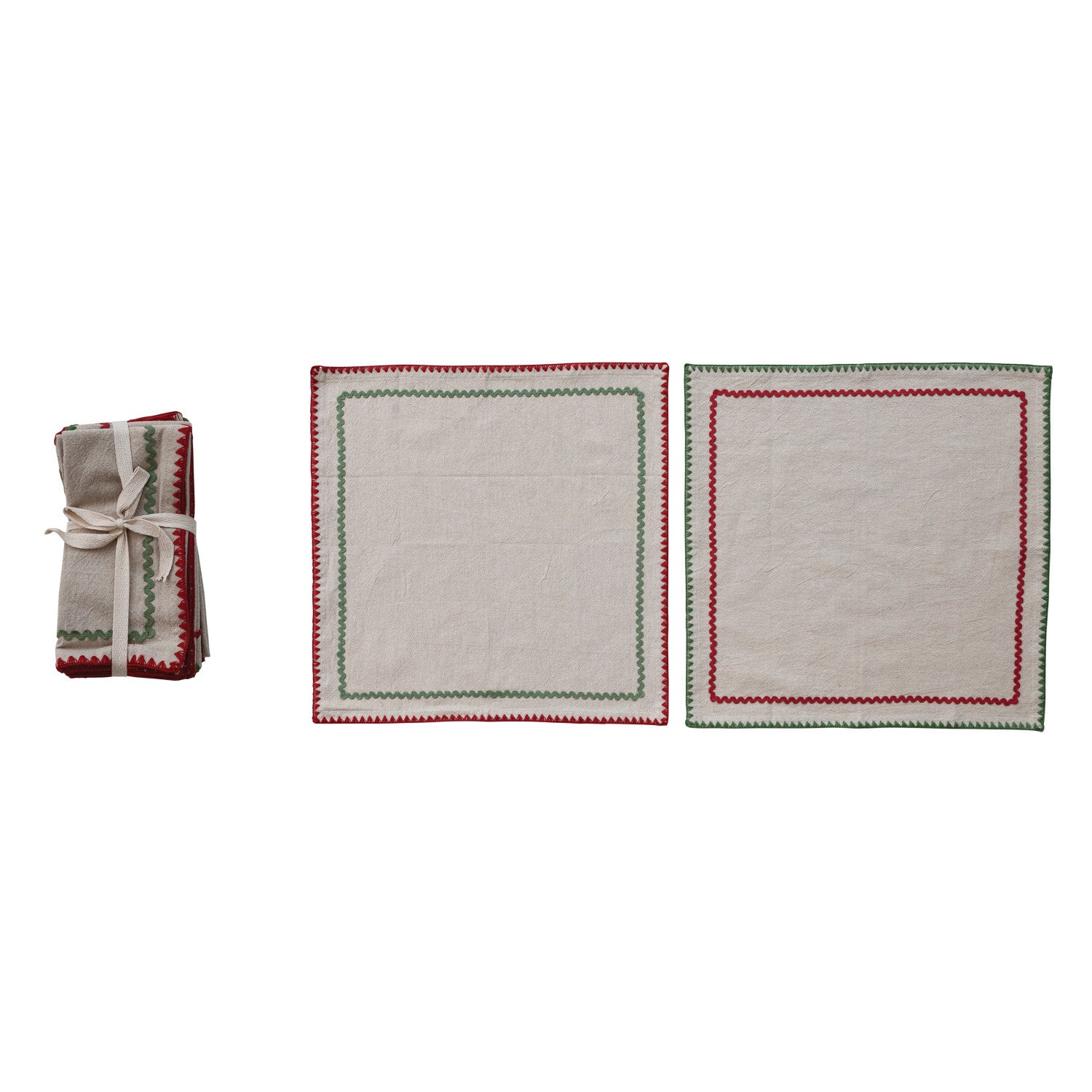 Woven Cotton Napkins with Stitched Edge & Ric Rac Trim, Set of 4 Tied with Cotton Tape